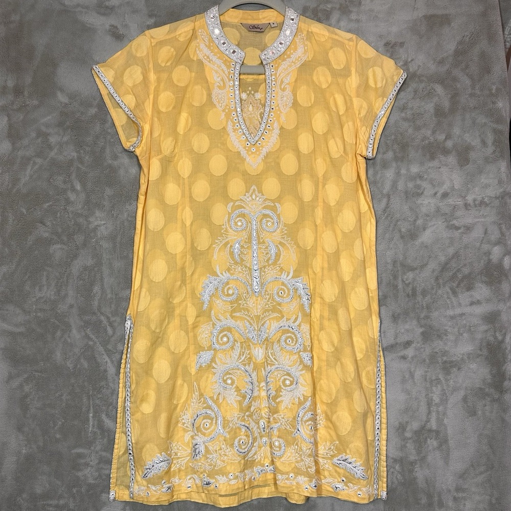 Orulu Tunic Dress Size 8 Yellow Polka Dot Embroidered Mirror Details Bohemian